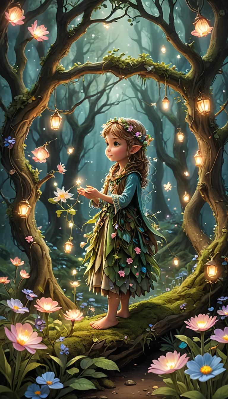 Enchanted Elven Village in Bioluminescent Forest