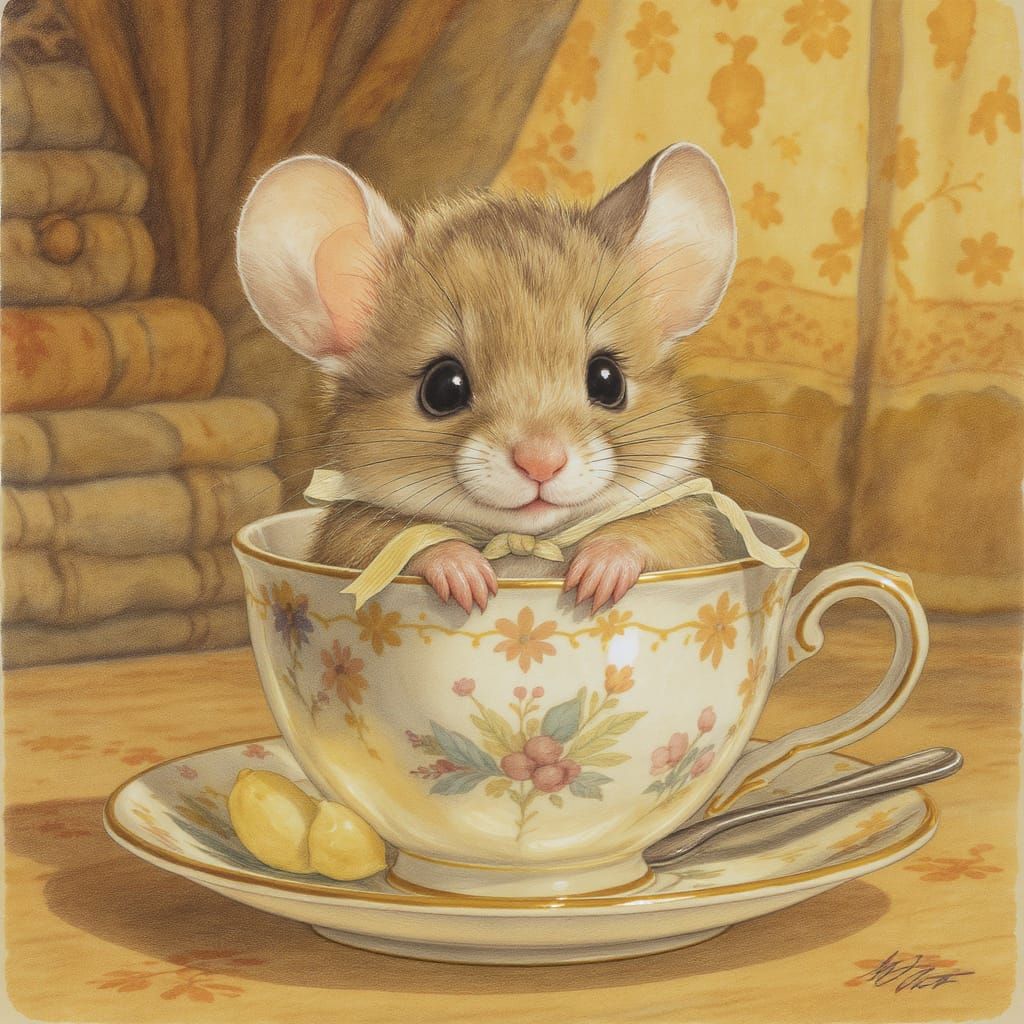 Mouse in Teacup, in Style of Americana Painting
