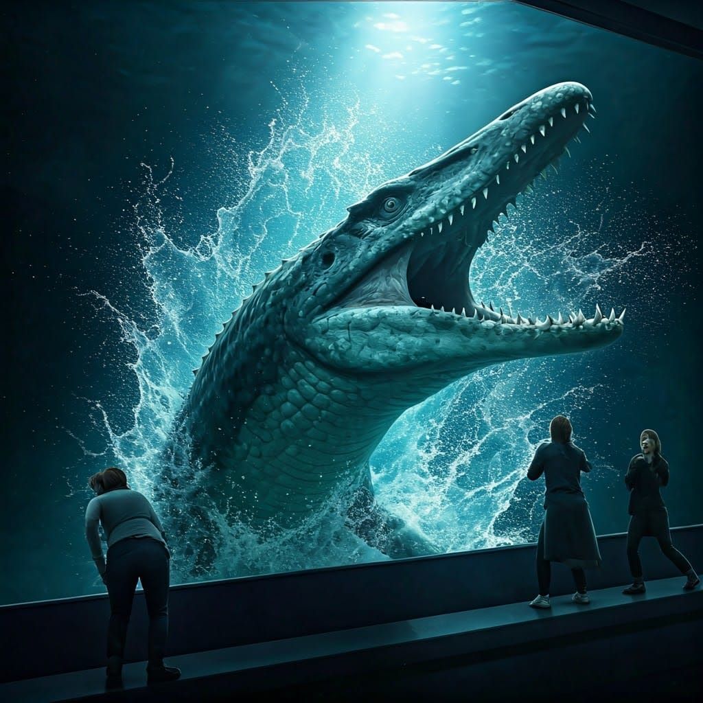 Terrified Humans Face Prehistoric Mosasaur in Dark Aquarium
