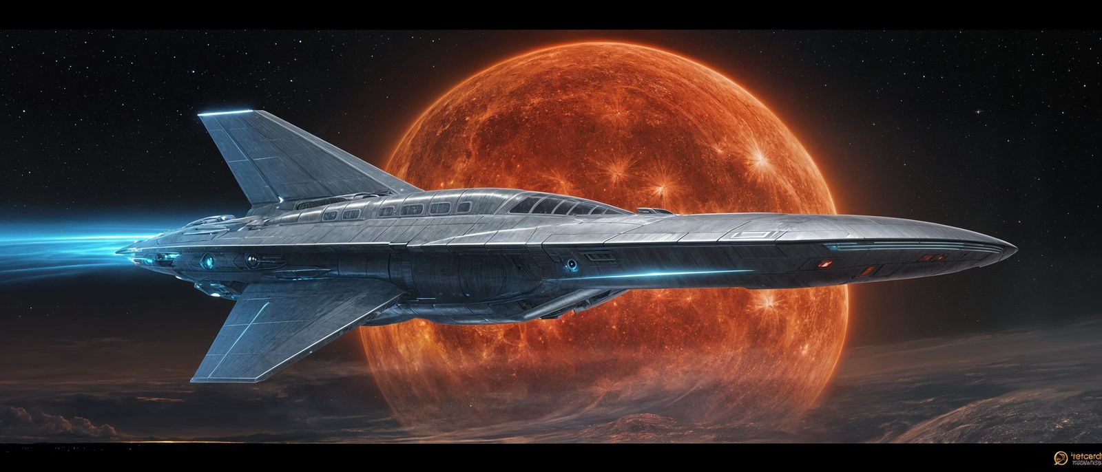 Futuristic Silver Spaceship Crossing Before a Red Sun