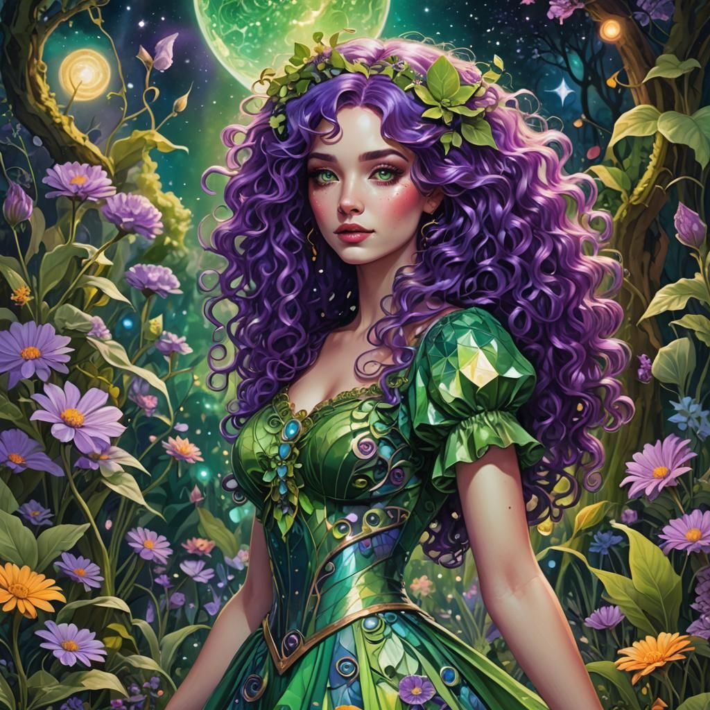 Whimsical Woman with Purple Hair in Fantasy Garden