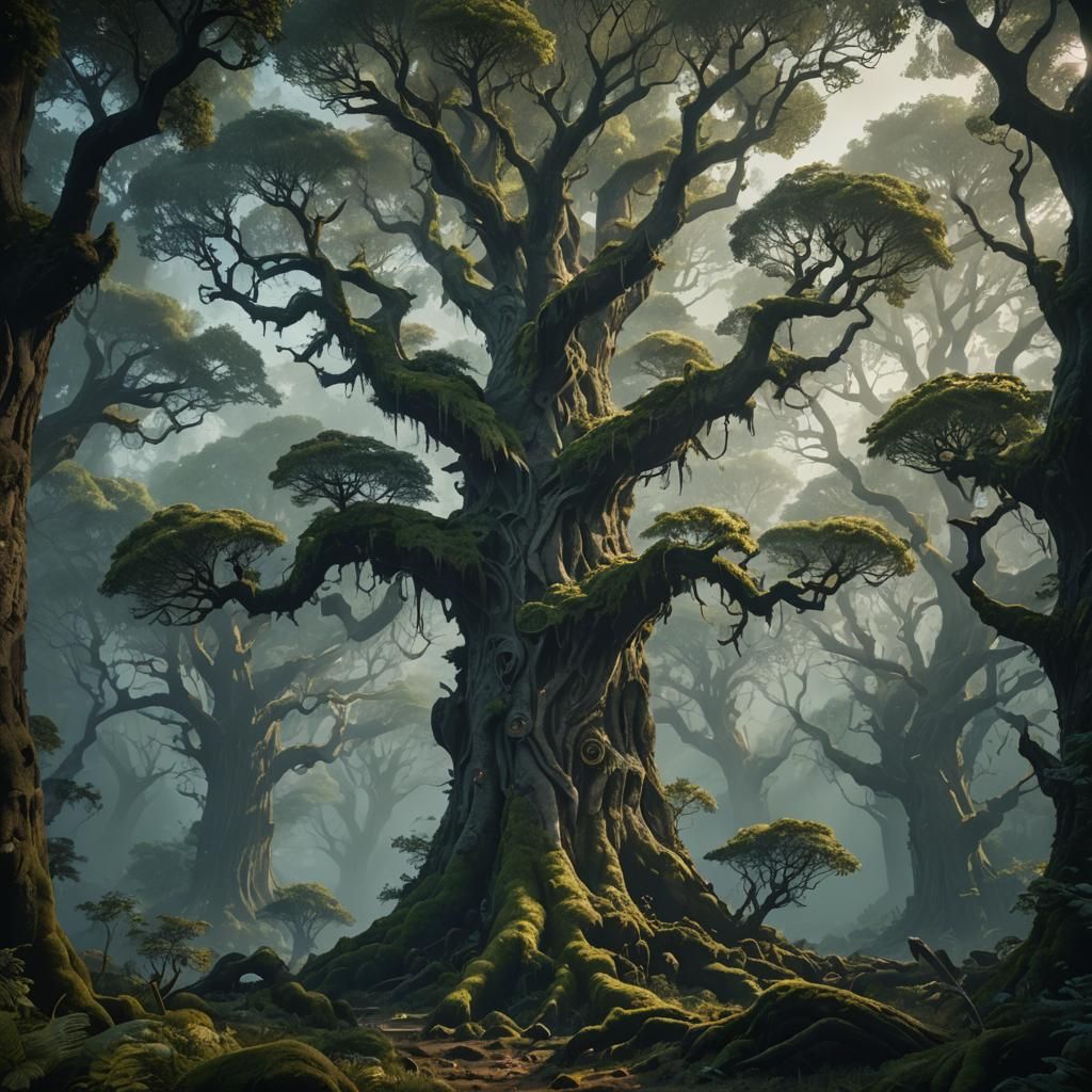 Mystical Forest: Ancient Trees in Atmospheric Style