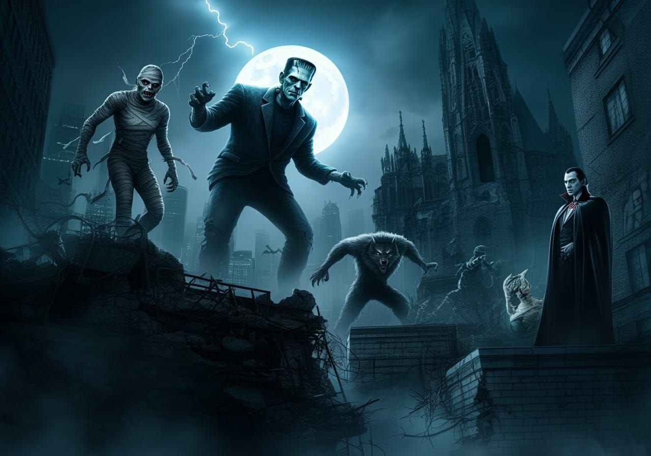 Classic Monsters Unleashed in Dark Cityscape