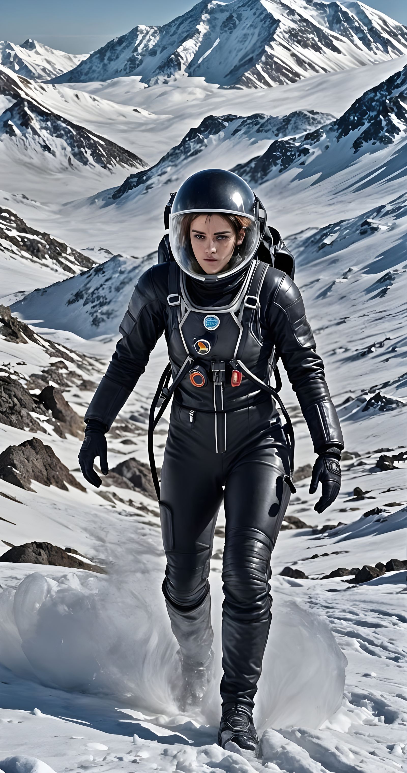Kristen Stewart on Snowy Mountain Planet in Spacesuit