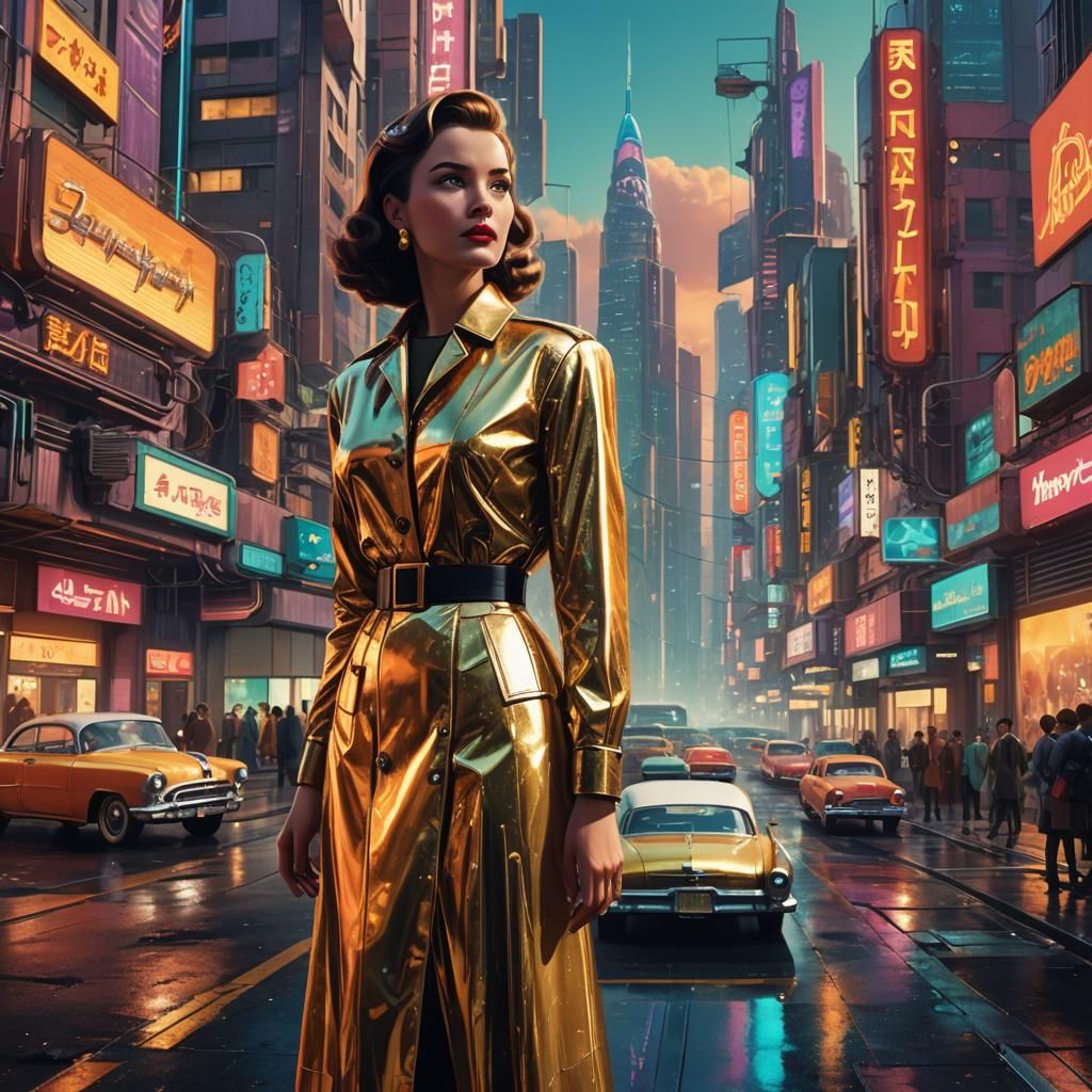 Retro-Futuristic Woman in Dreamlike Cityscape