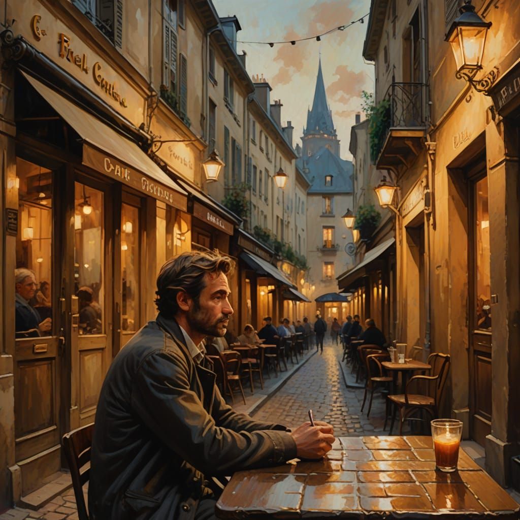 Cozy French Cafe Alley in Impressionistic Oil Painting Style