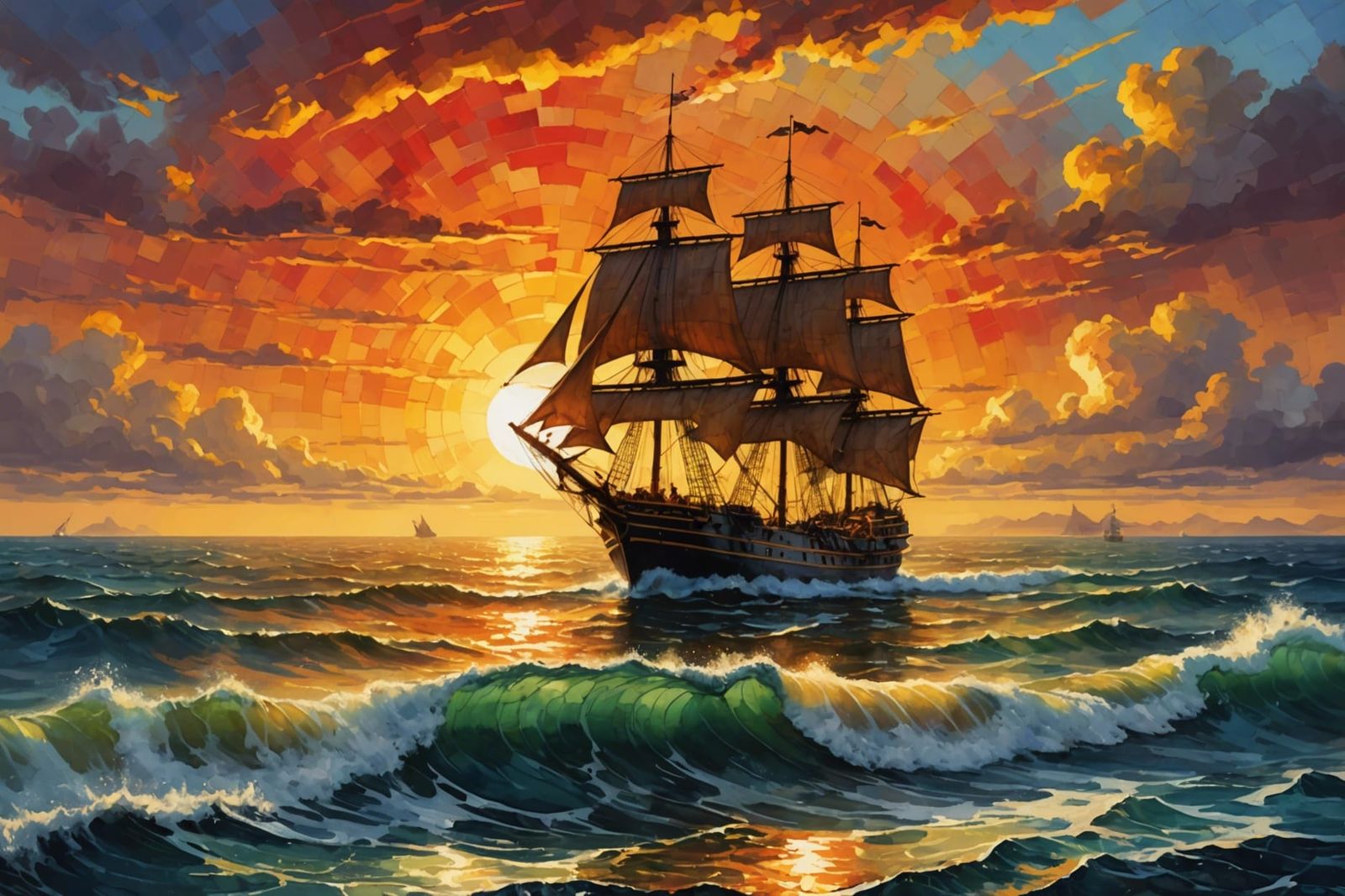 Detailed Ship at Sea Painting in Rustic Colors