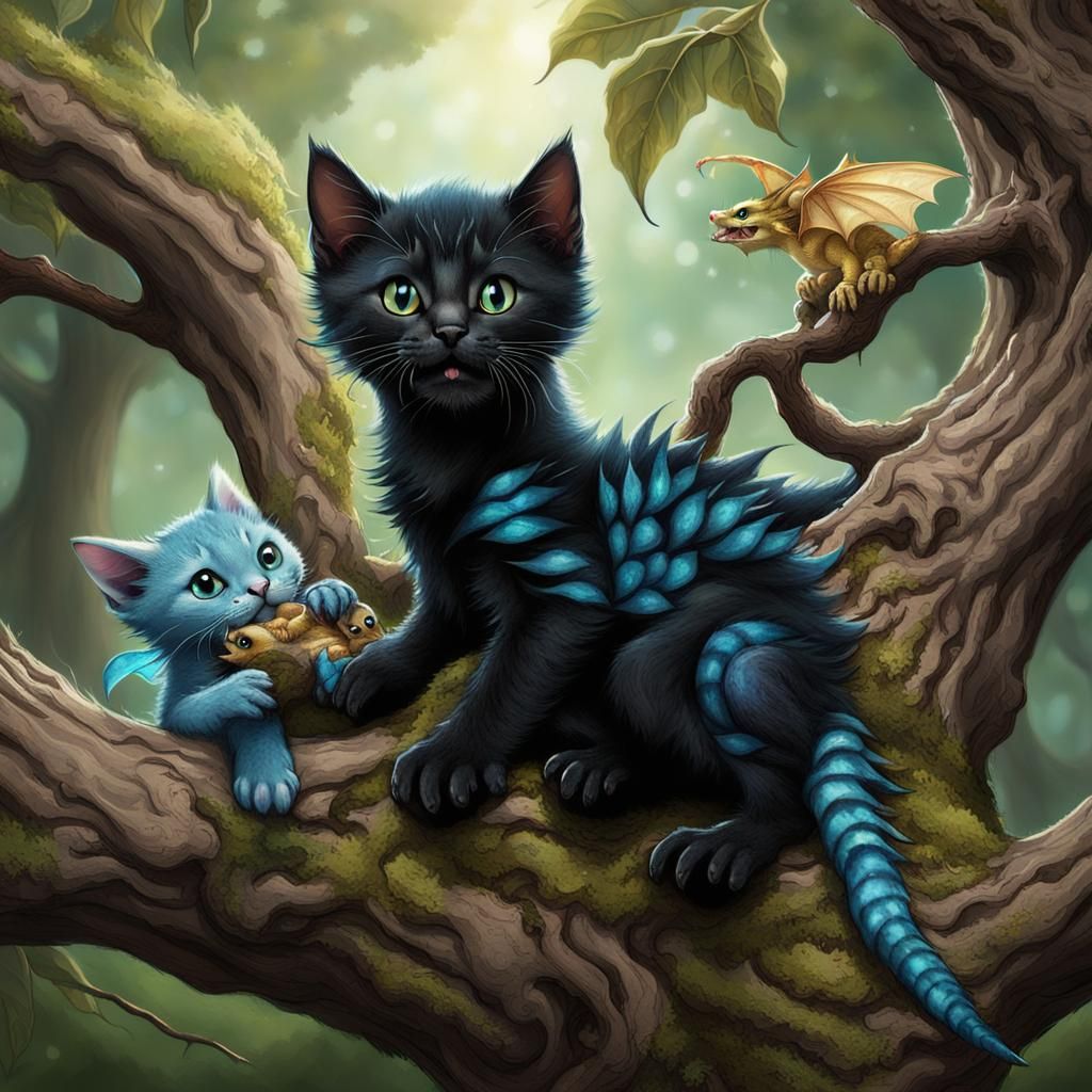 Kittens and Baby Dragon Playing in Tree