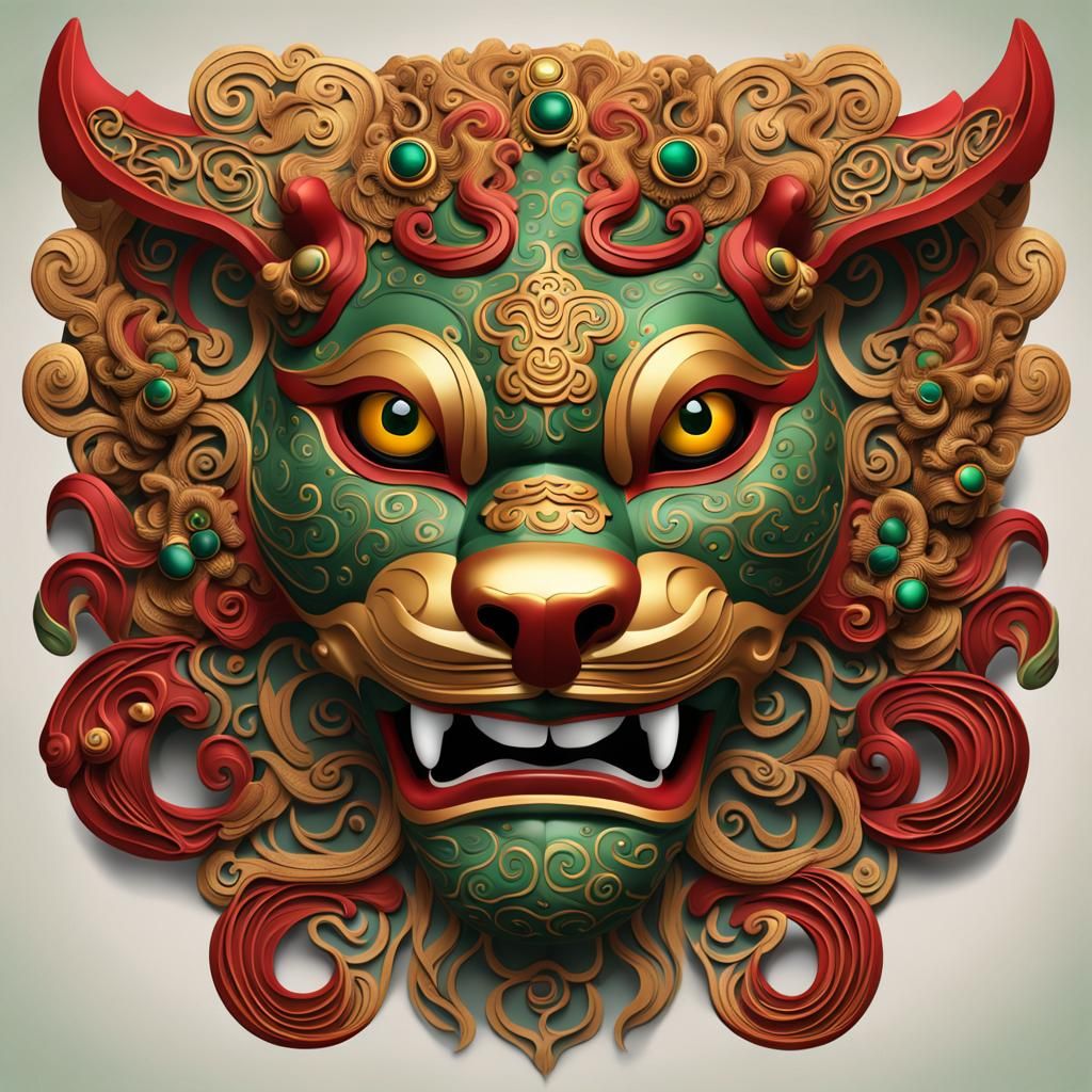 Stylized Chinese Lion Mask in Vibrant Colors