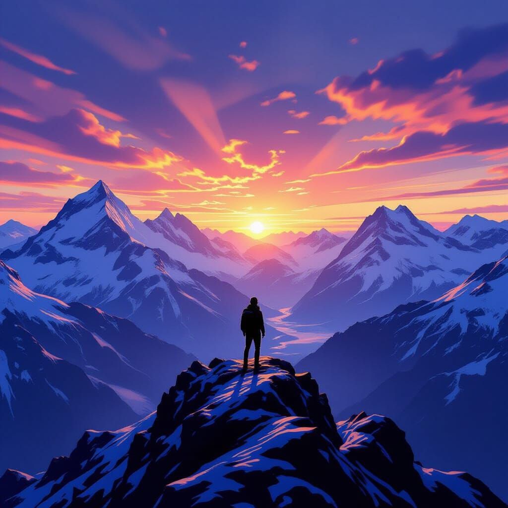 Hiker Silhouetted on Alpine Peak at Sunset