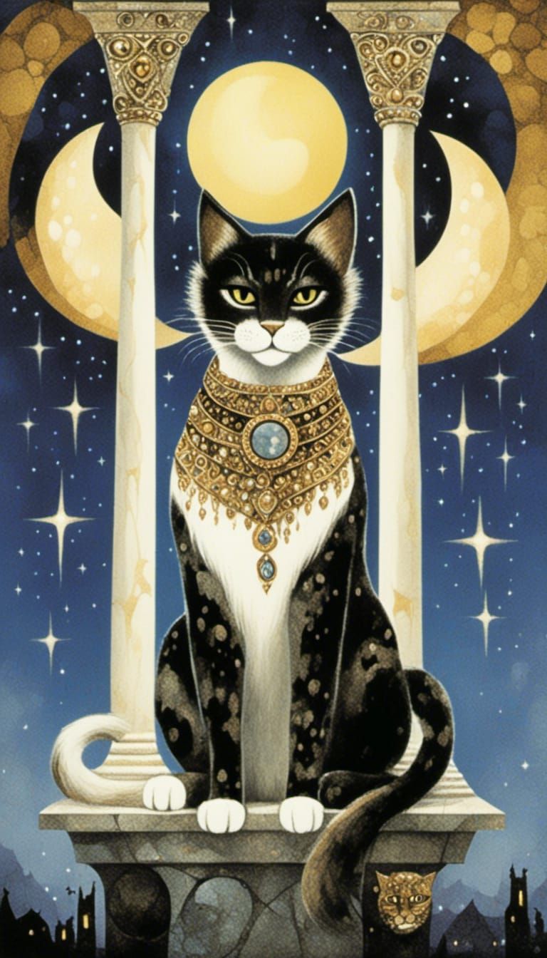 <lora:Feline Folk:1.0> A mystical-looking cat sitting between two tall pillars, one white and one black. The cat’s eyes ...