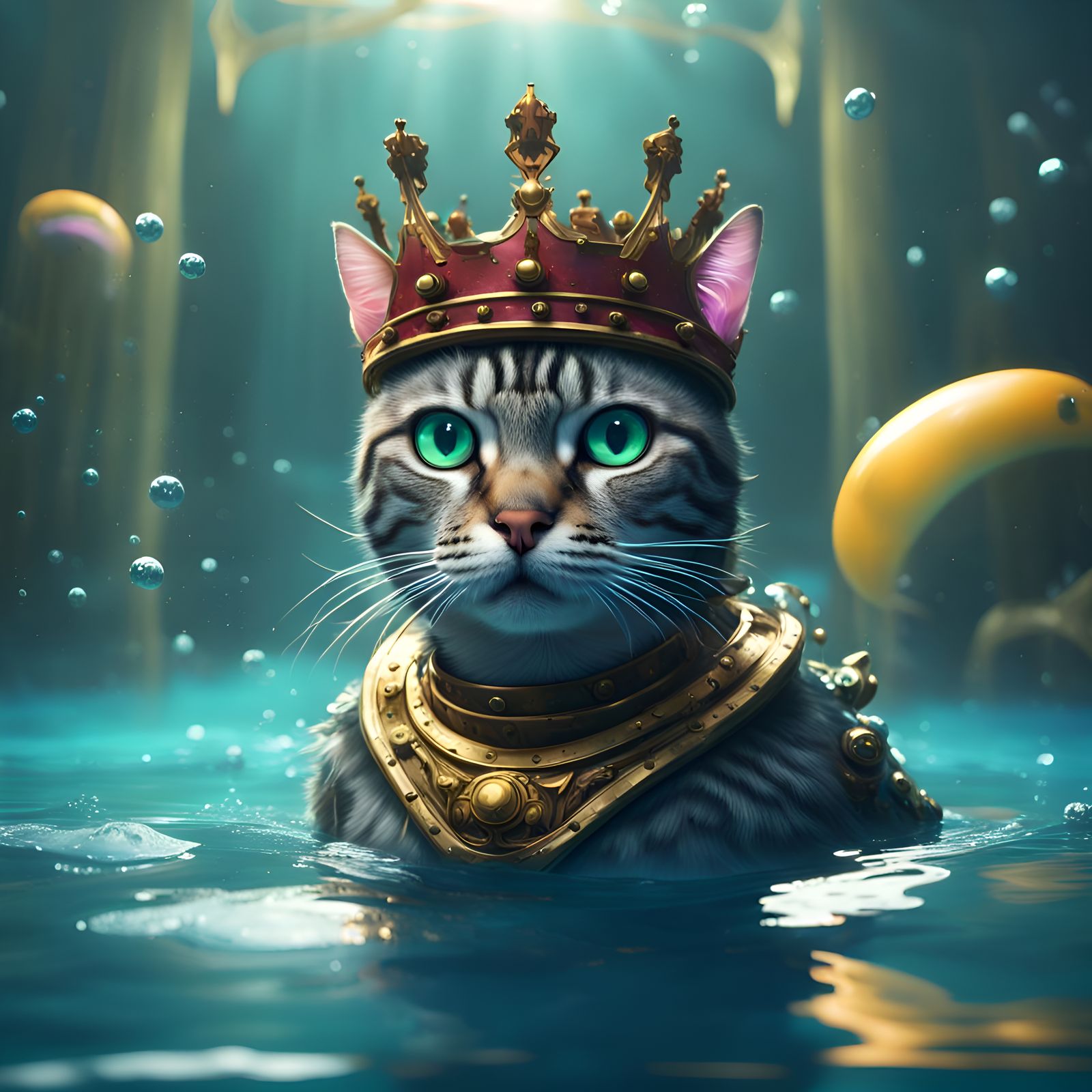 Swimming Cat with Crown: Detailed Fantasy Art