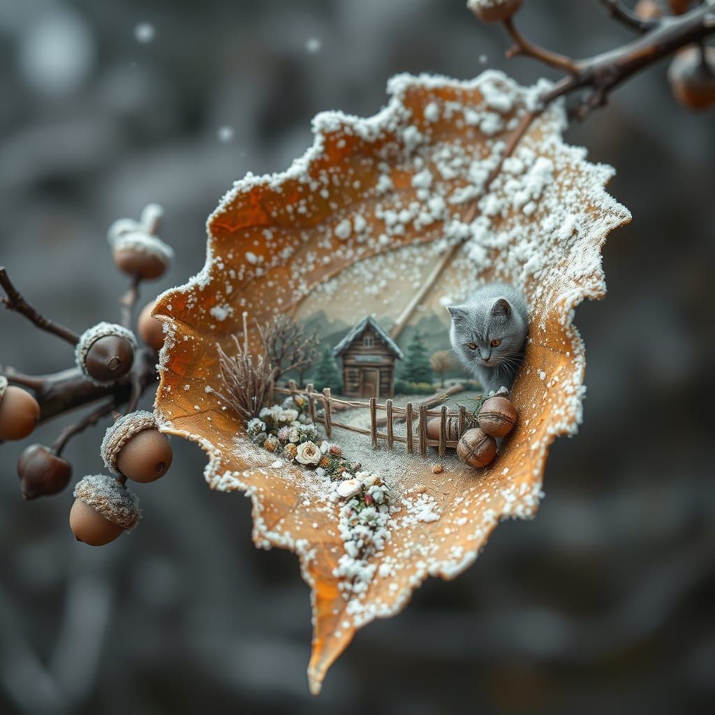 Frosty Autumn Micro Landscape Inside Oak Leaf