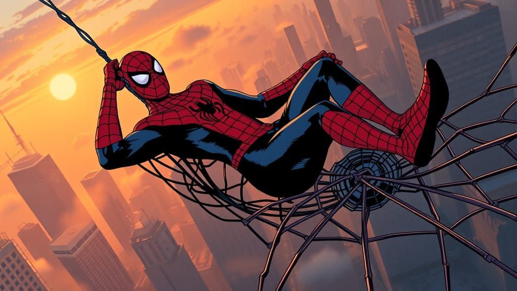 Comic Book Style Spider-Man Relaxes in City Web
