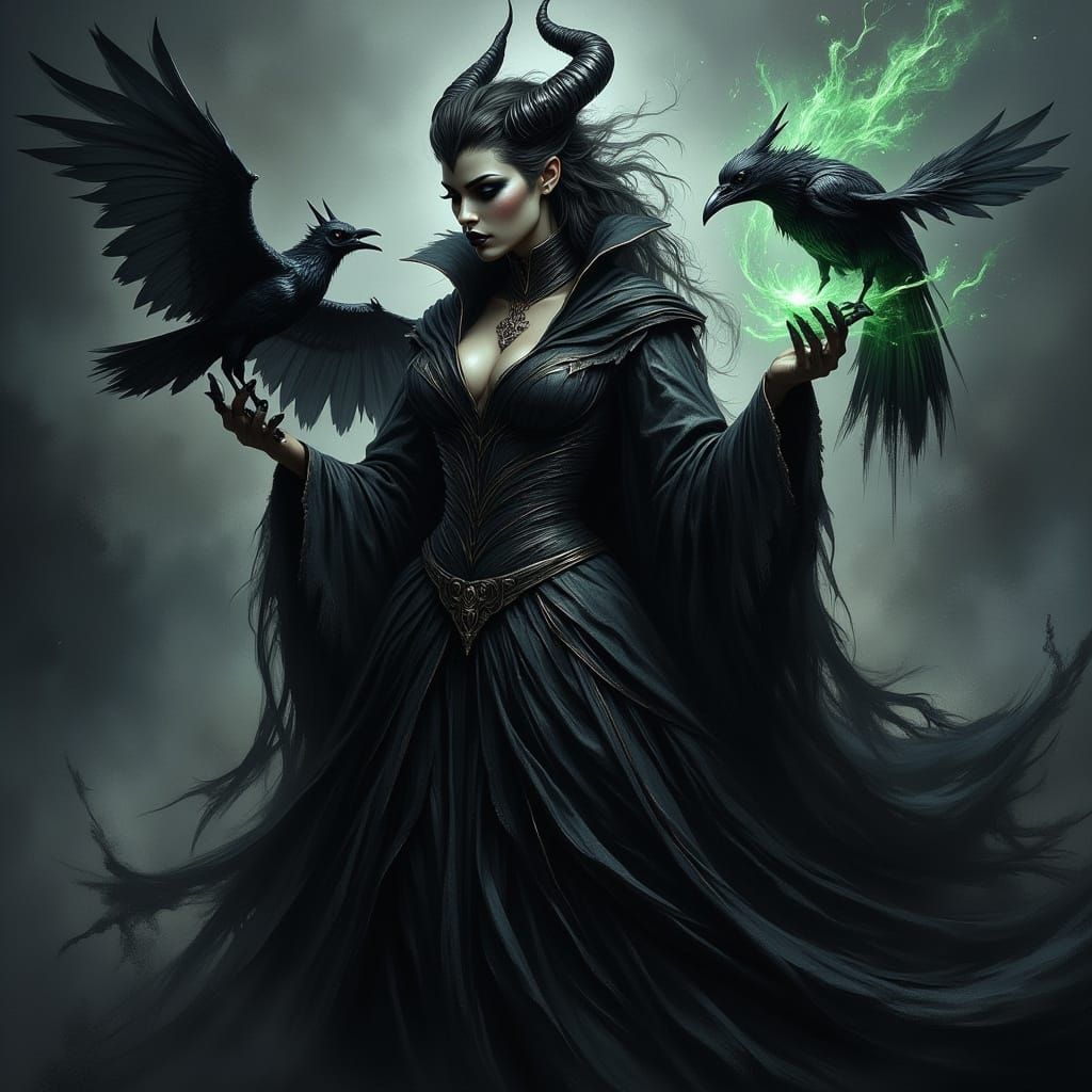 Maleficent with Raven in Dark Fantasy Style