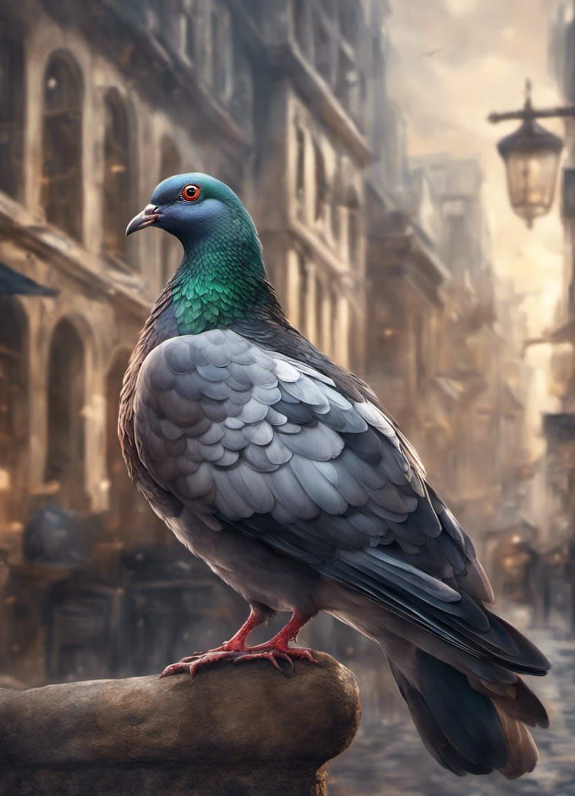 Detailed Pigeon Painting in City Landscape