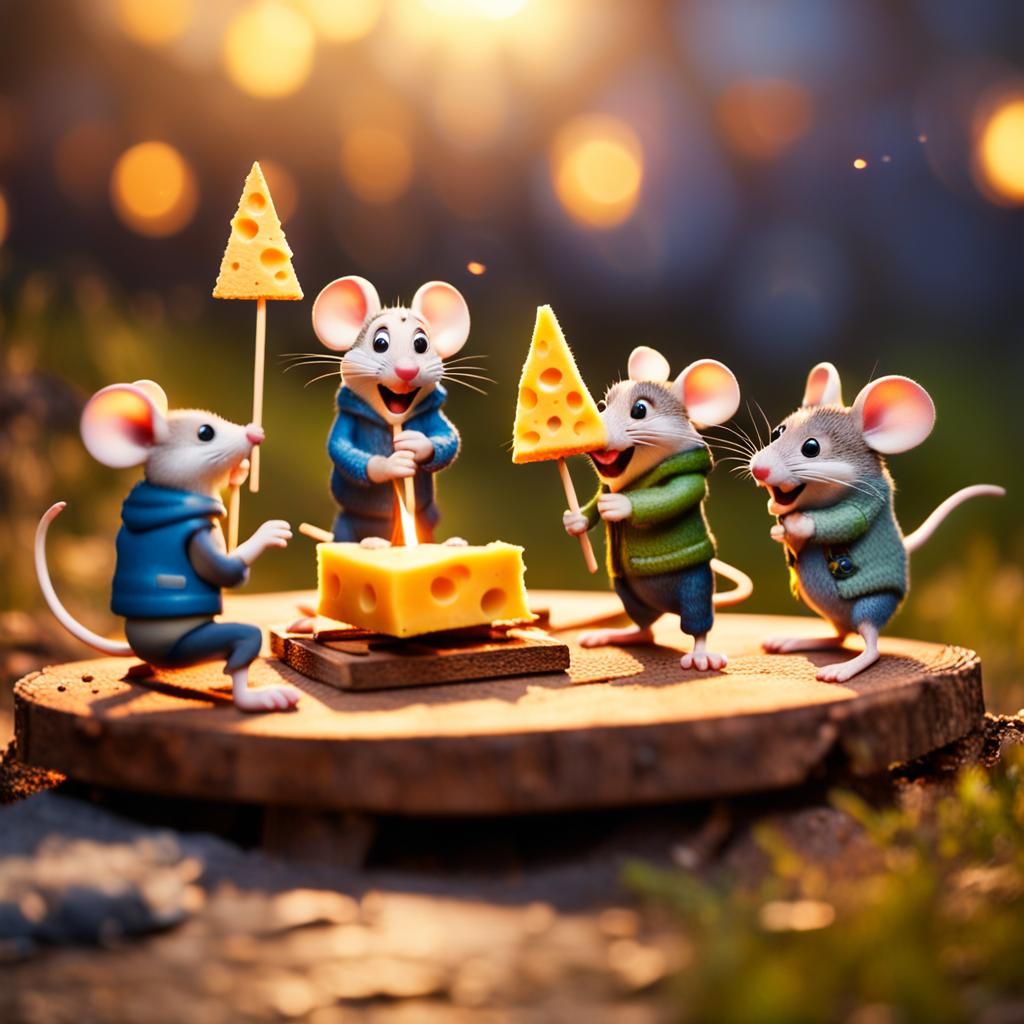Mice Campfire on Mousetrap in Pixar Style