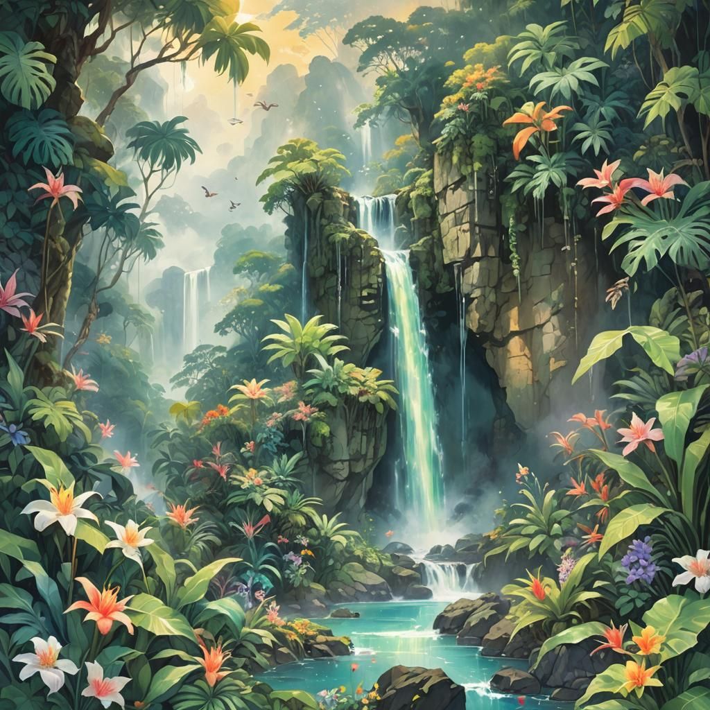 Ethereal Waterfall with Fairies in Dreamy Fantasy Art