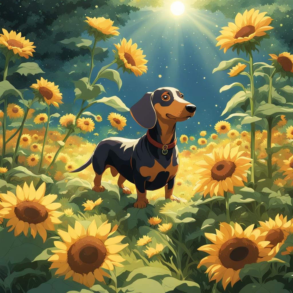 Dachshund with Sunflowers: Studio Ghibli Anime