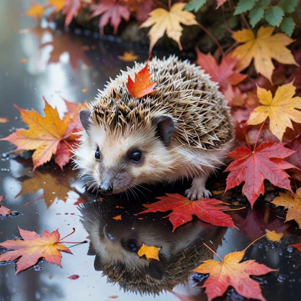 Hedgehog in Autumn Leaves Watercolor