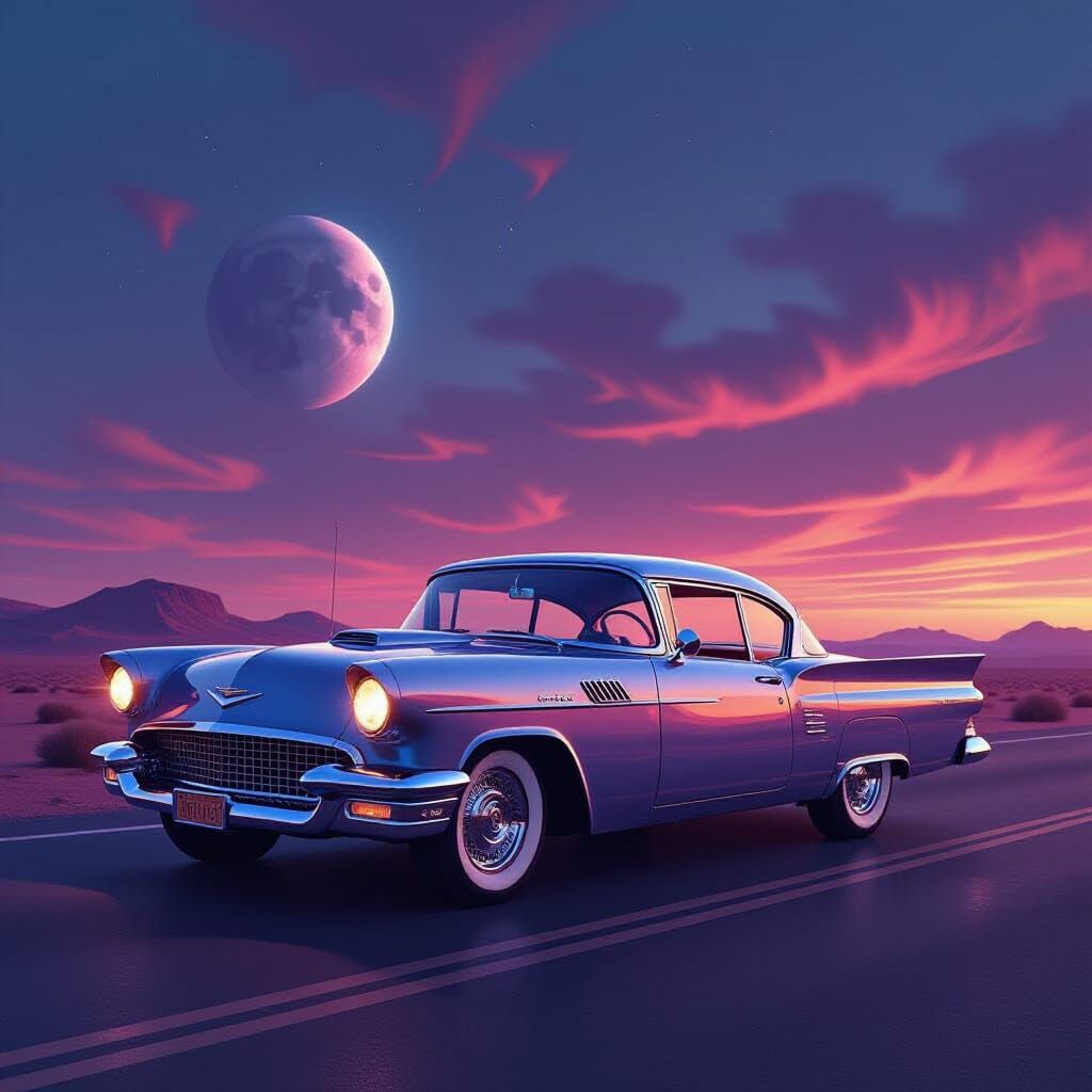 1950s Car on Mars in Neon Sci-Fi Style