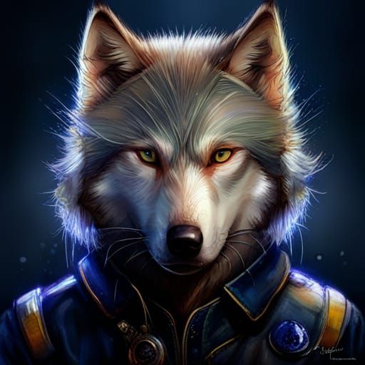 Furry Gray Wolf Police Portrait in Polychromatic Style