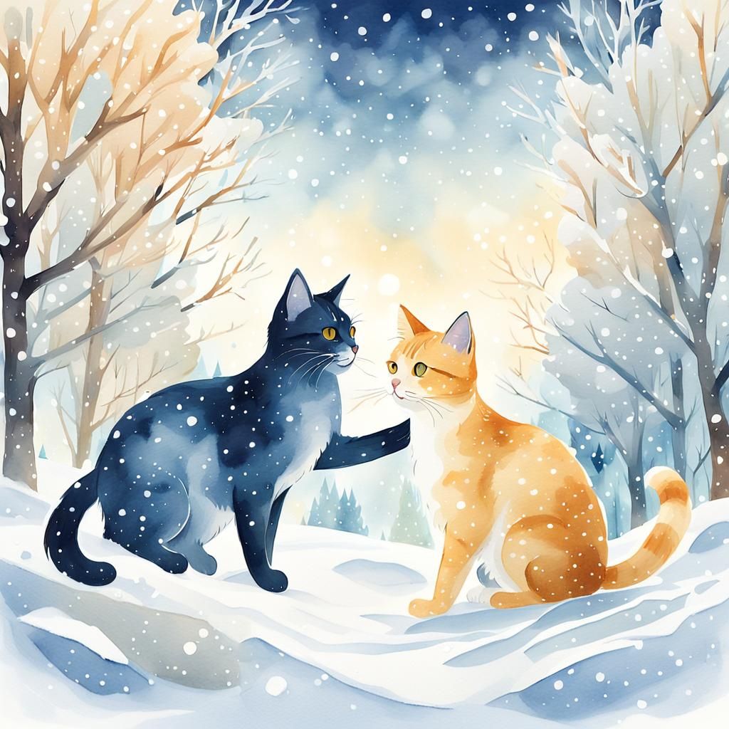 Cats Play in Winter Wonderland: Watercolor Style
