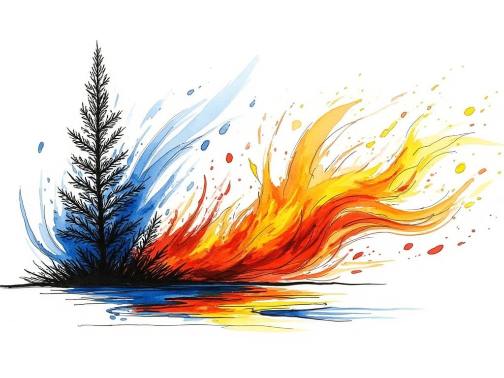 Ink and Watercolor Sketch of a Forest Fire