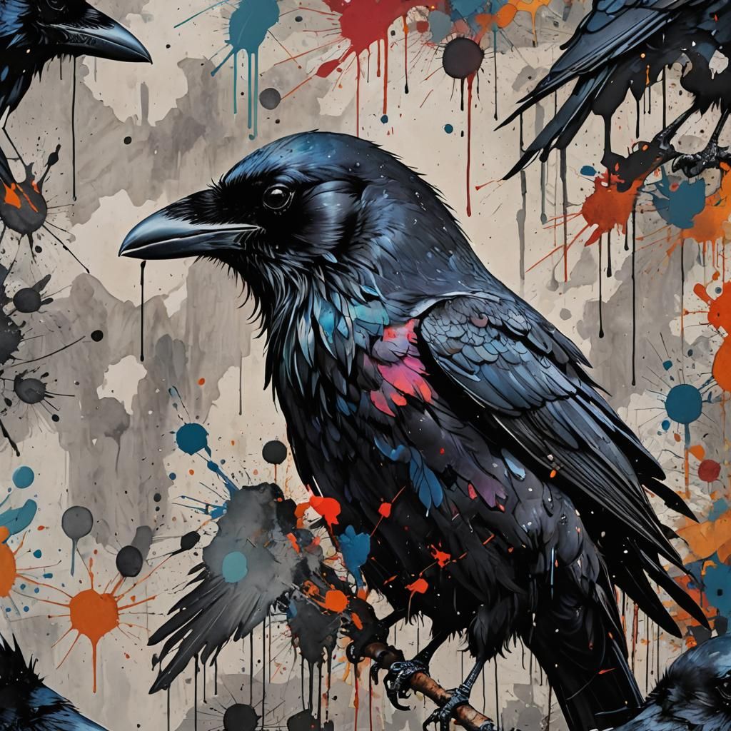 Cartoon Raven Double Exposure in Mixed-Media Collage