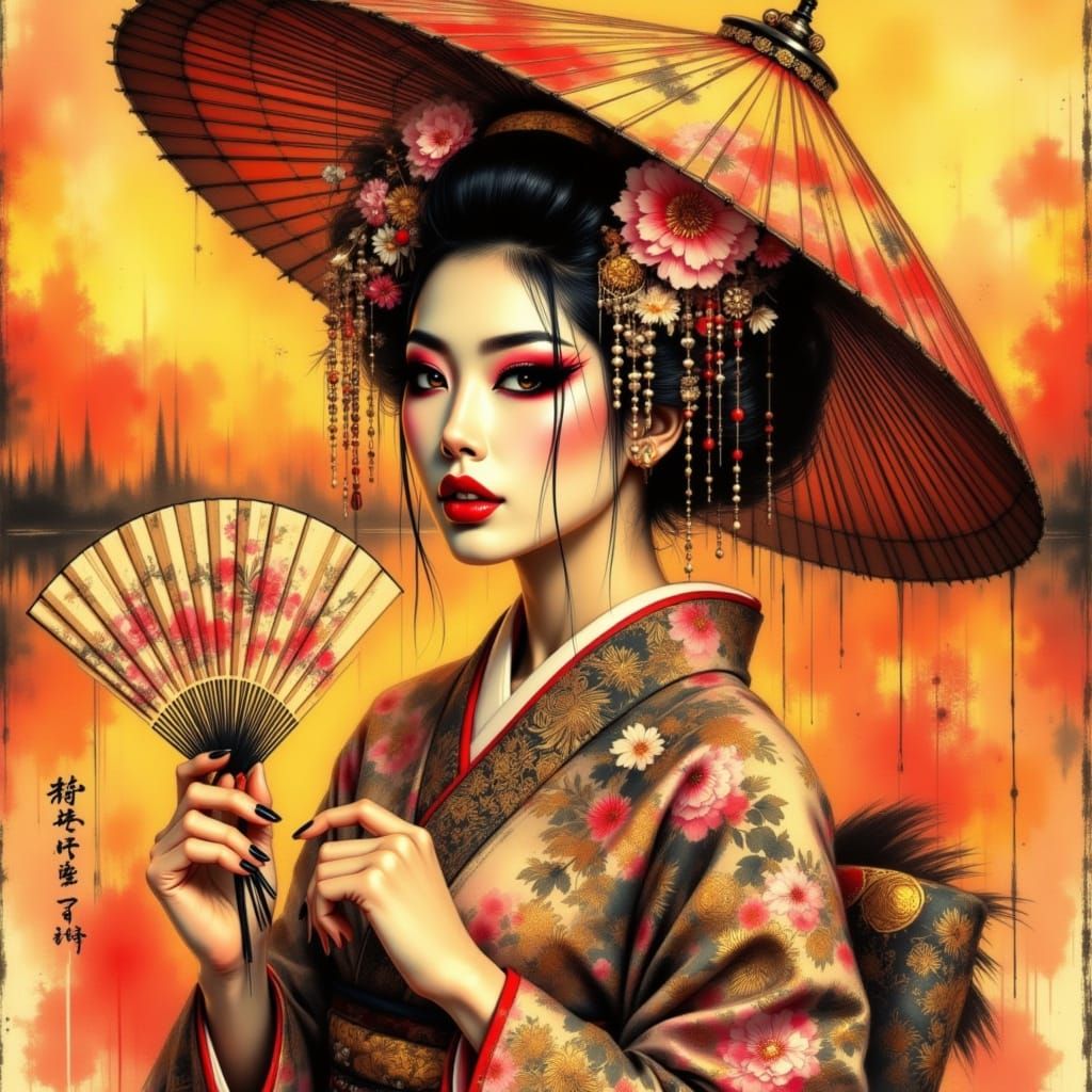 Geisha in Kimono with Fan at Sunset, Japanese Art