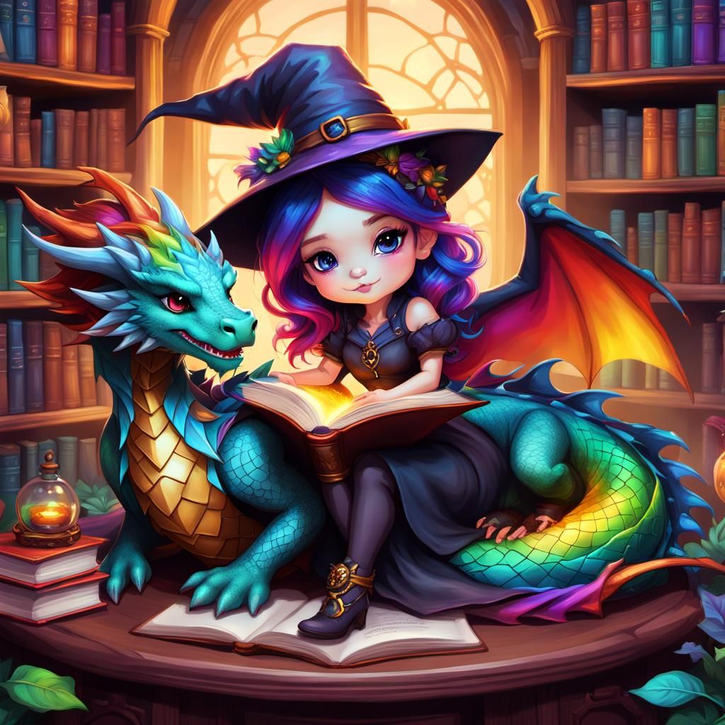 Enchanted Library: Witch and Rainbow Dragon Chibi Art
