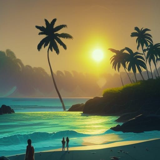 Hawaiian Twilight Beach Digital Illustration