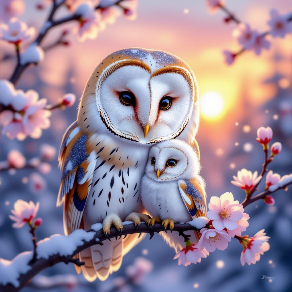 Grumpy Barn Owl With Cute Companion on Cherry Blossom Branch