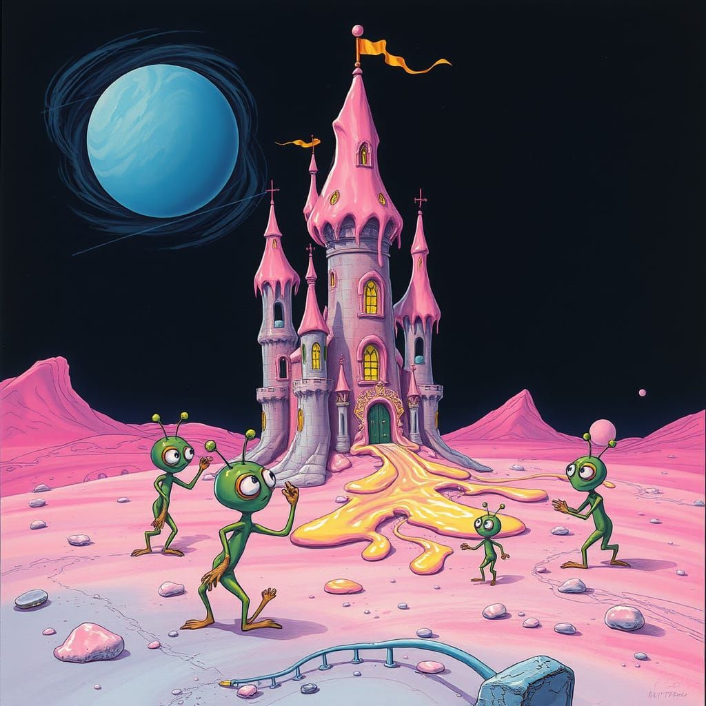 Whimsical Aliens Repair Melting Wax Castle on Pink Moon Trit...