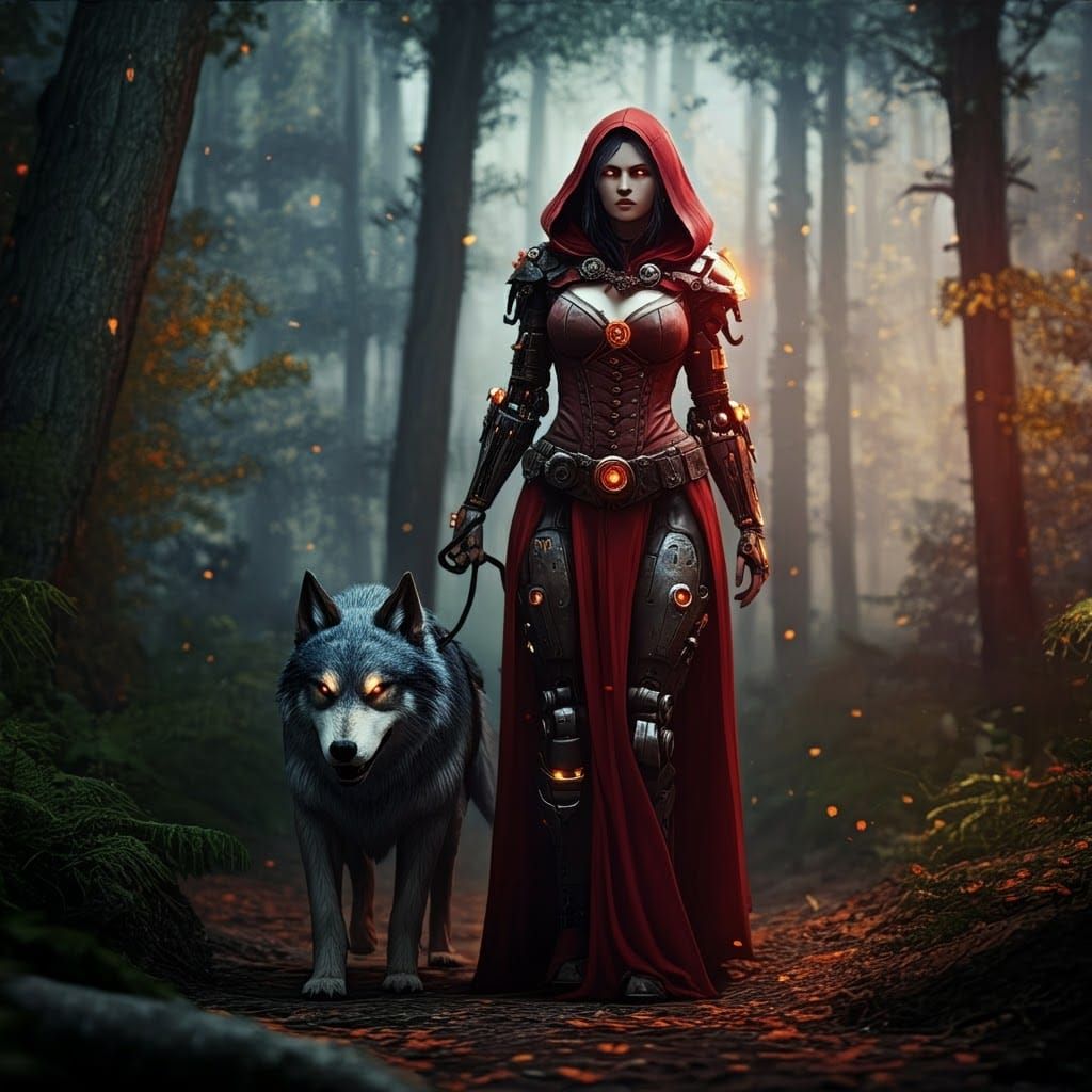 Woman Walking Dog in Forest: Cyberpunk Art