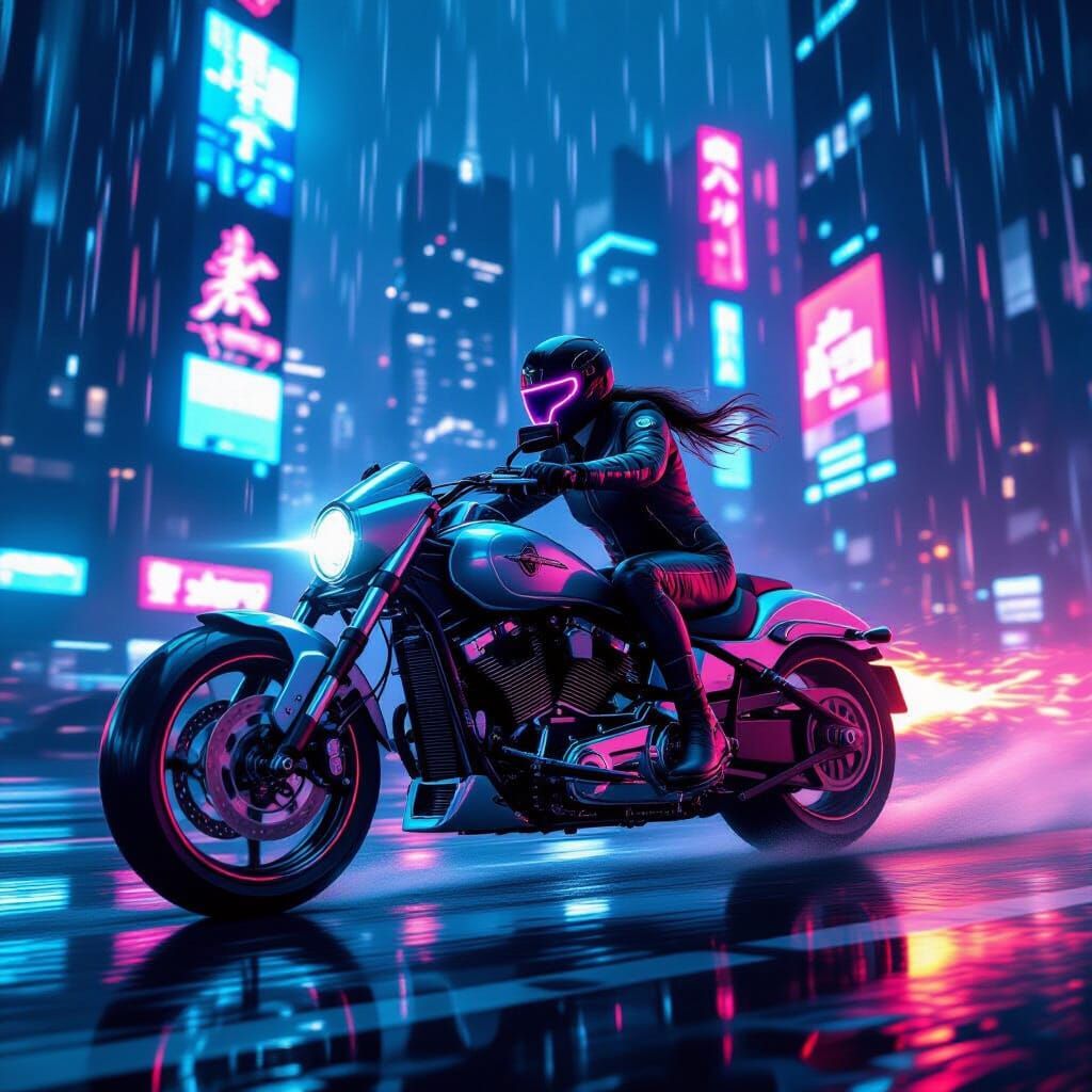 Cyberpunk Motorcycle Speeds Through Futuristic Cityscape