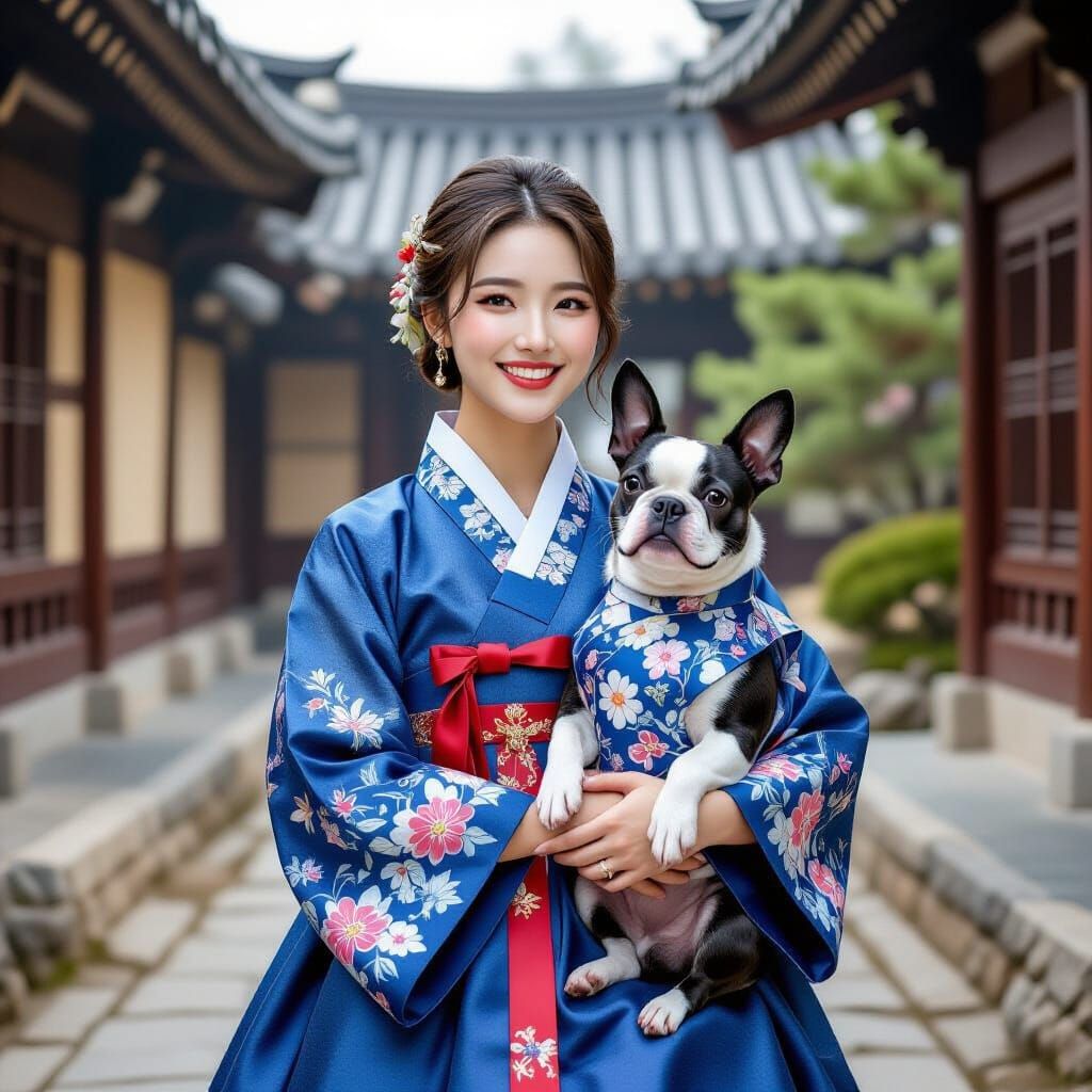 Korean Woman and Boston Terrier in Hanboks