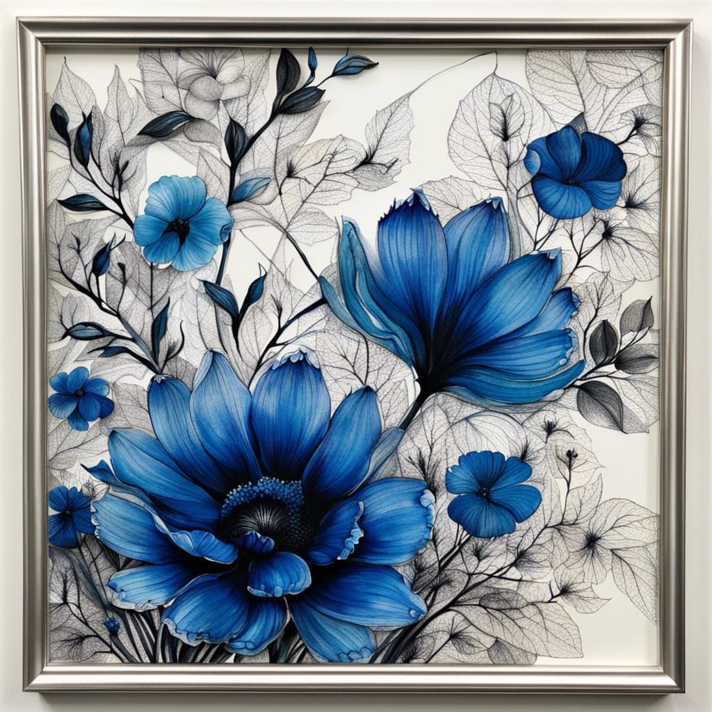 Botanical Ink Art in Silver Filigree Frame