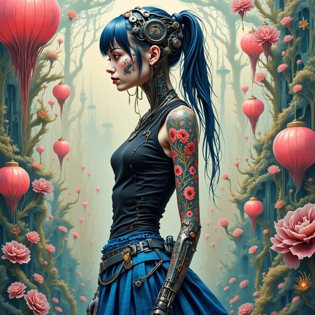Cyborg Woman with Koi Tattoos in Giger Style