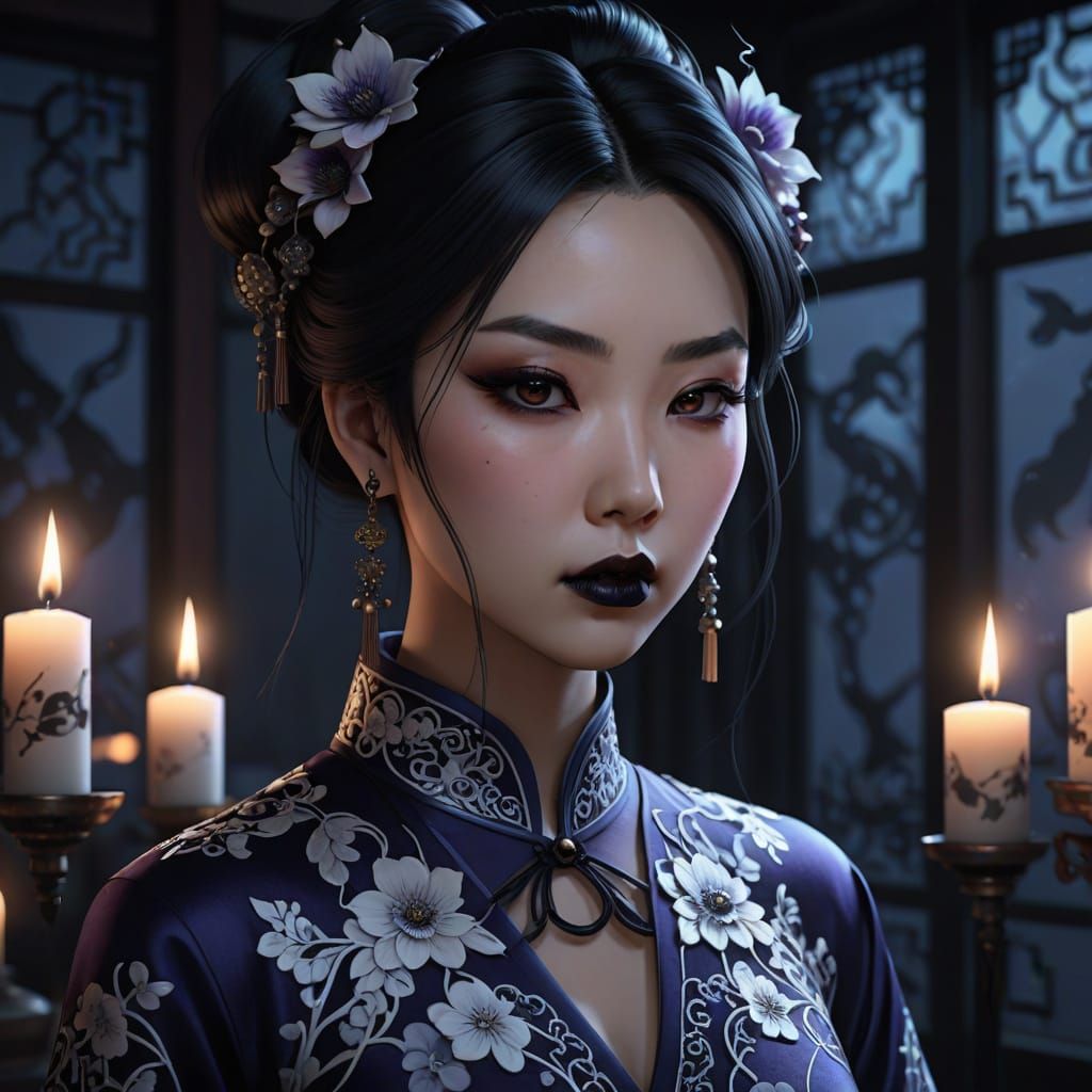 Ethereal Goth Goddess in Dark Fantasy Qipao