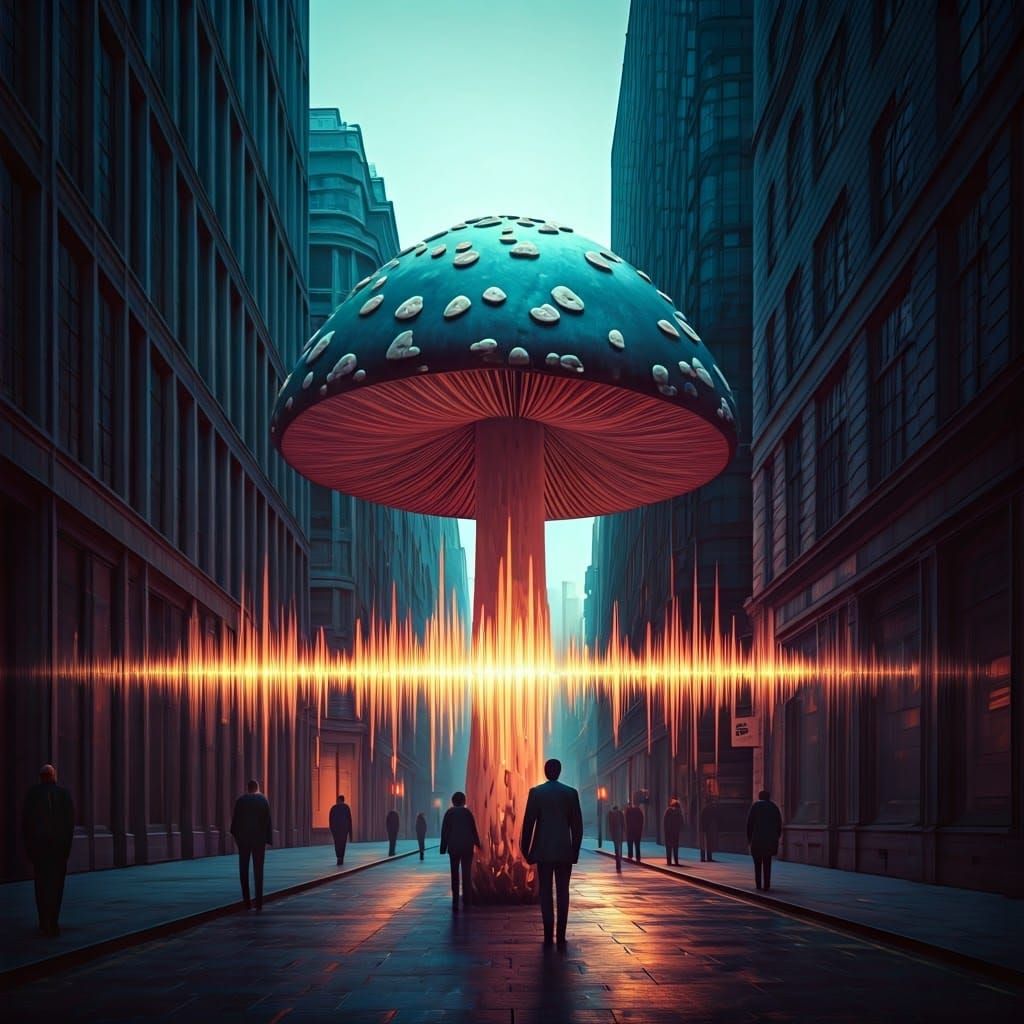 Surreal 90s UK Business District Scene with Radiating Sound ...