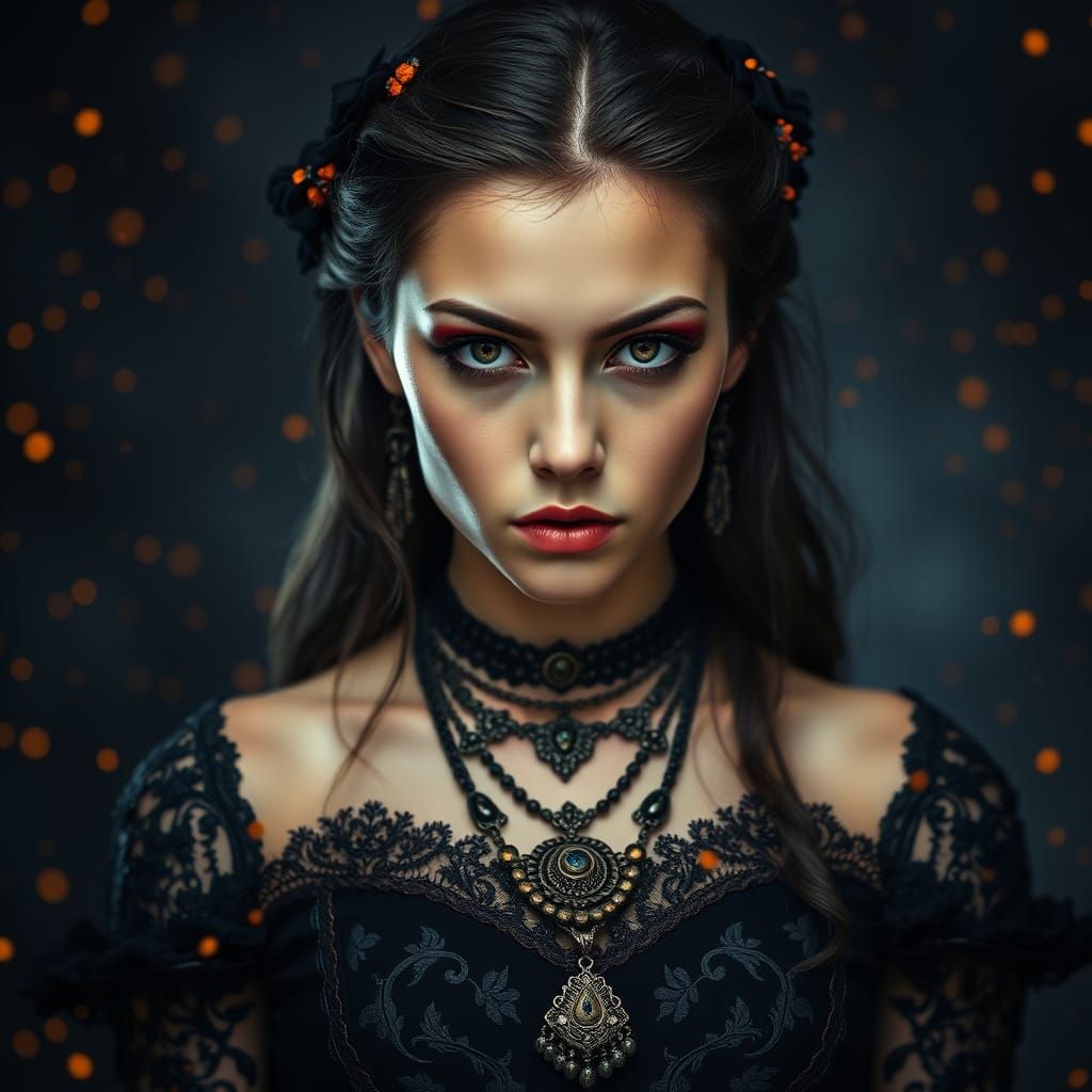 Mystical Portrait of Woman with Fiery Adornments