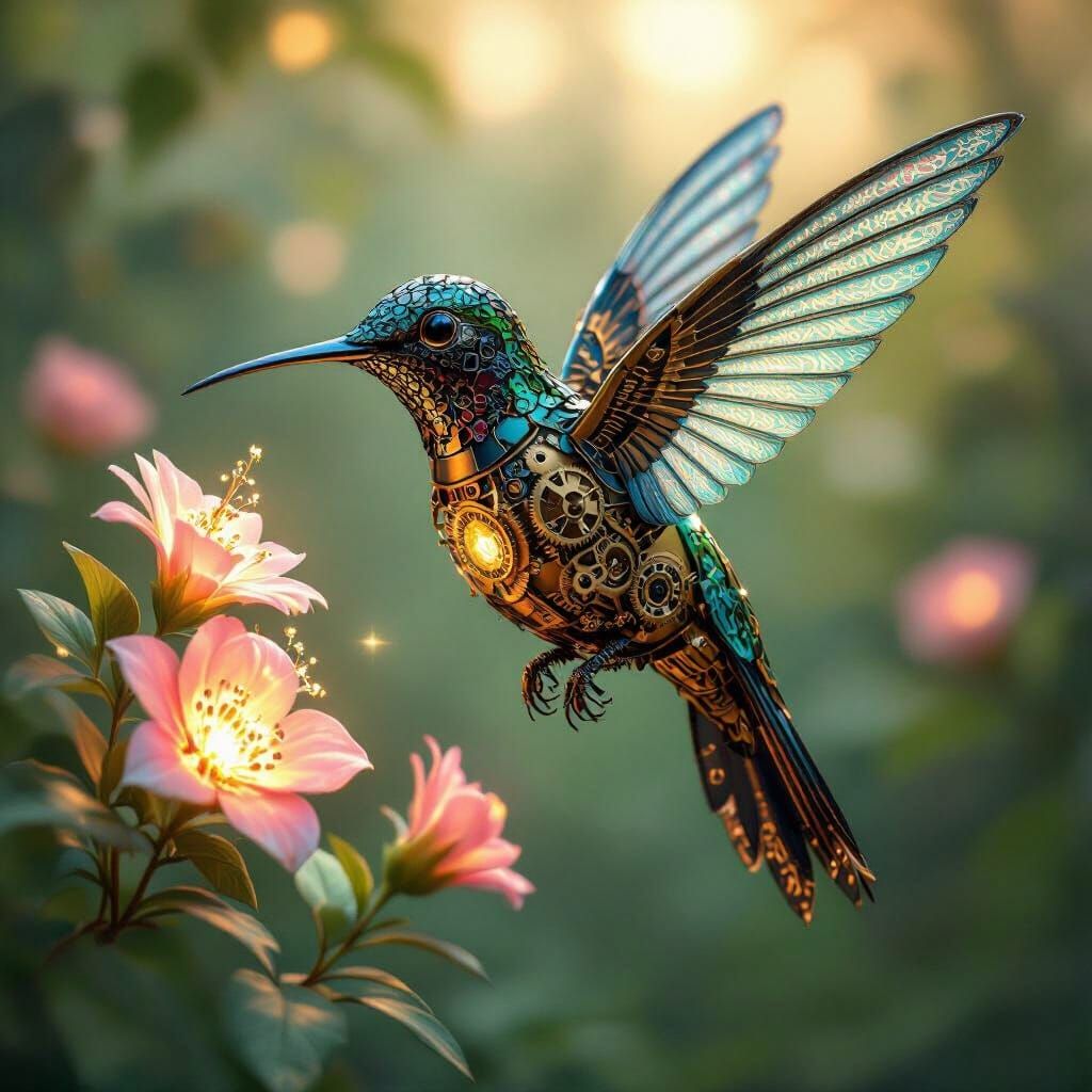 Clockwork Hummingbird Sips Nectar in Bioluminescent Garden