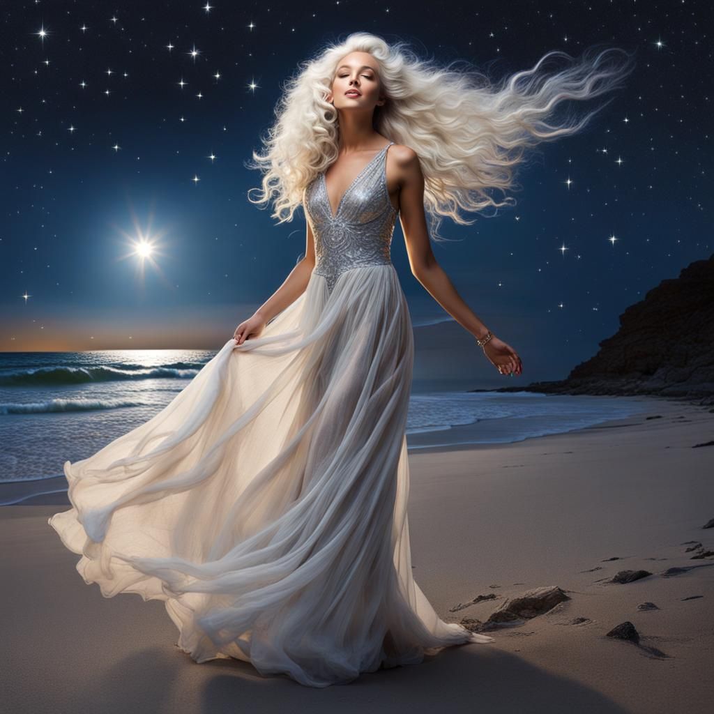 Moonlit Woman on a Beach in Fantasy Art Style