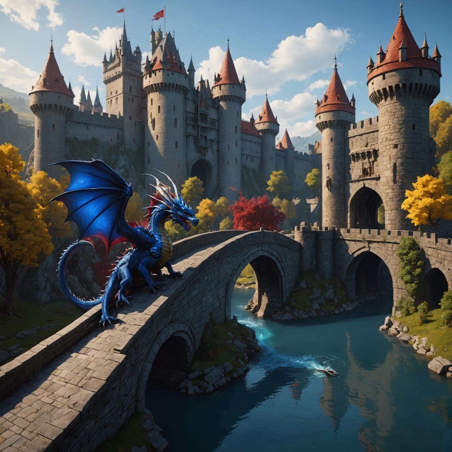Epic Dragon Battle Over Castle Moat
