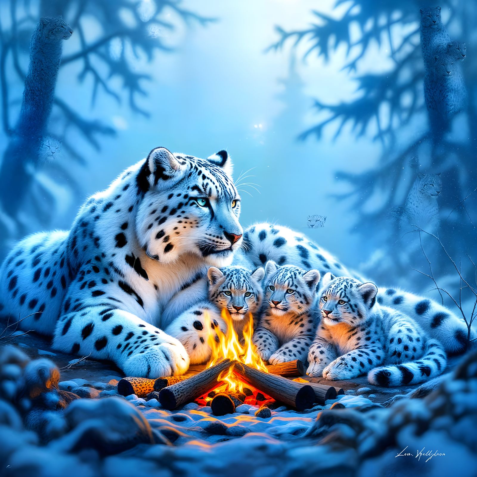 Mother Snow Leopard Protects Cubs by Campfire