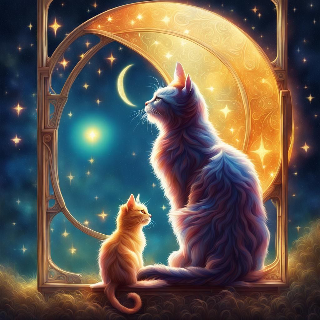 Cat and Kitten Stargazing: Prismatic Fantasy Art