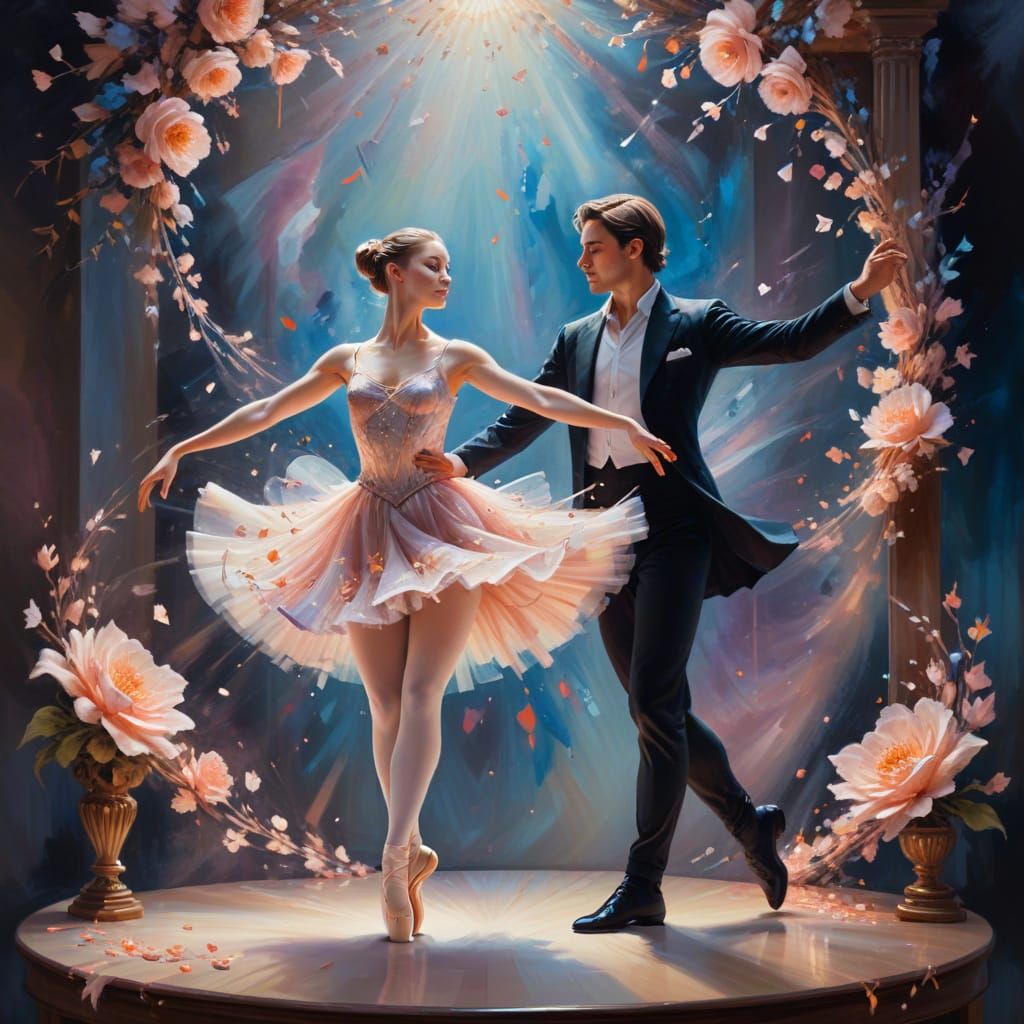 Ballerina Dancing with Partner in Surreal Oil Painting