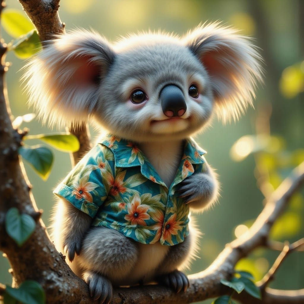 Koala in Hawaiian Shirt Sitting in Tree