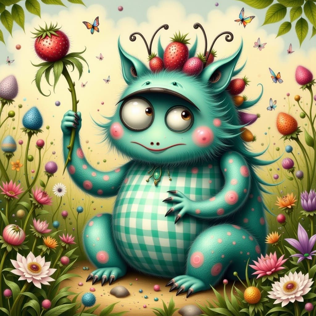 Whimsical Berry Monster in Vibrant Gingham Pattern